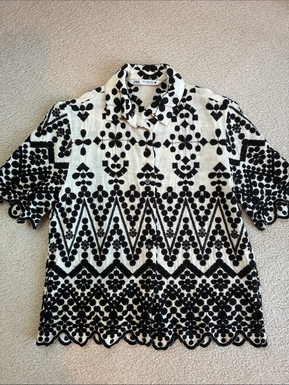 Zara Black and White Embroidered Button-Down Shirt